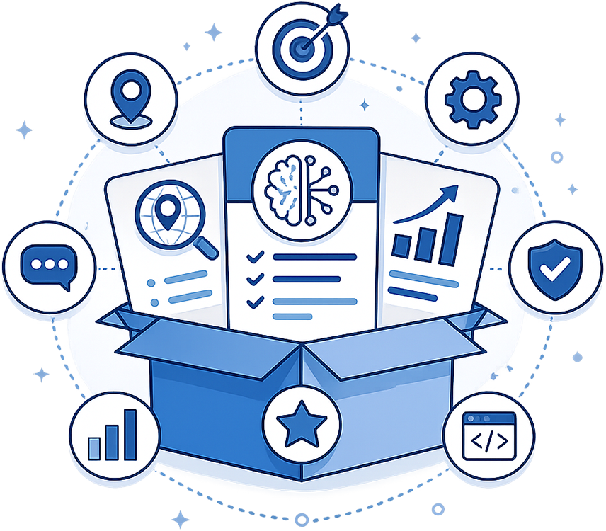 Open blue box revealing AI-powered analytics documents with icons for target, charts, gear, location, chat, shield, globe, and code surrounding it.