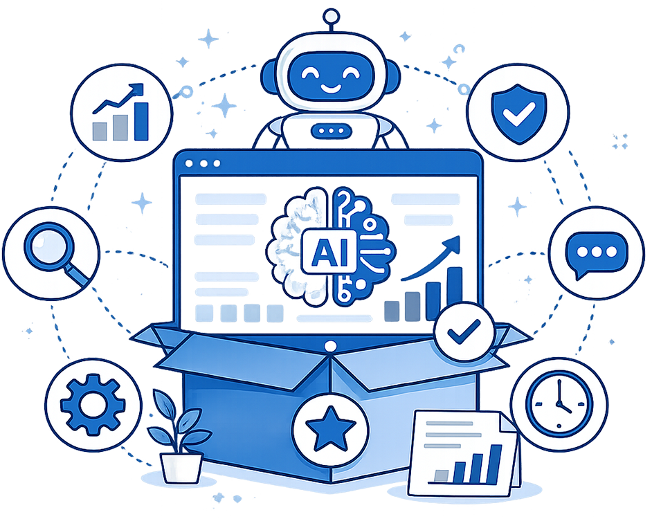 AI-powered toolkit: laptop screen with a brain graphic, a friendly robot, and circular icons for analytics, search, security, chat, and productivity.