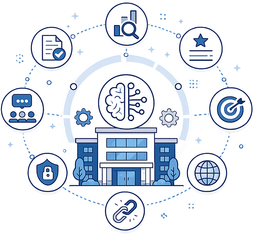 Illustration of a smart campus with AI brain centerpiece and surrounding icons for security, collaboration, data, accessibility, and global reach.
