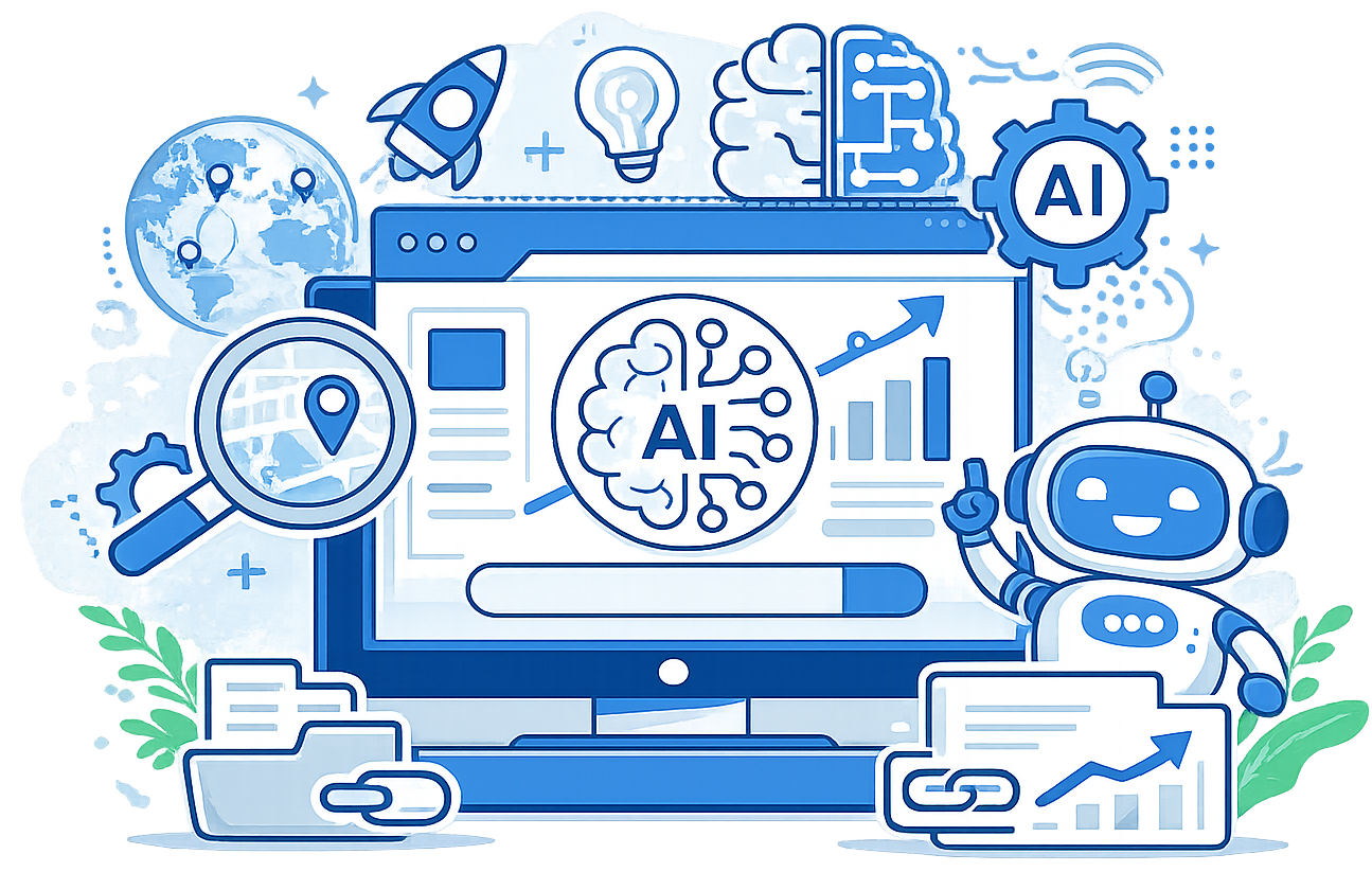 AI-powered illustration showing a robot beside a computer screen with brain and growth icons, symbolizing AI analytics and learning